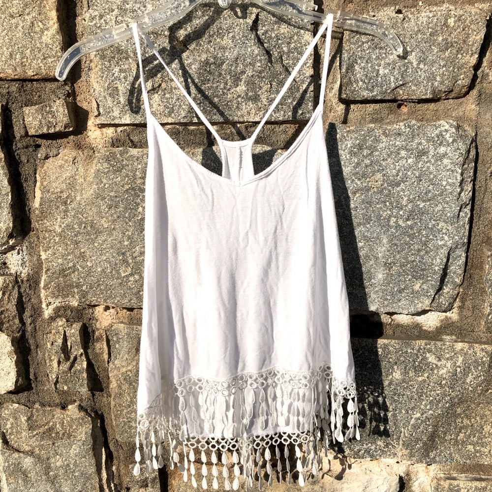White halter tank with raindrop fringe detail